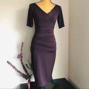 Maggie London Petite Plum Purple V-neck Bodycon Midi Knee Length Dress 4 petites